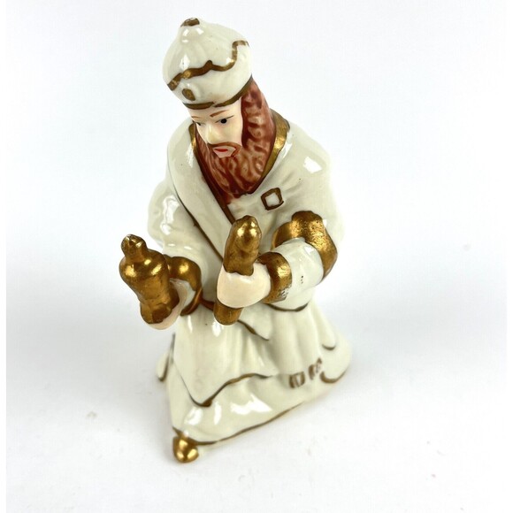 VTG 6 pc Nativity Manger Scene Glazed Porcelain White Gold trim Figurines 1990s - Picture 10 of 13